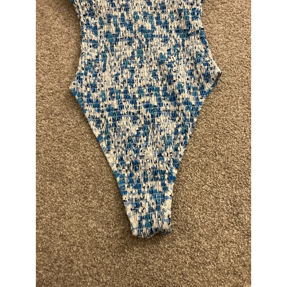 Vintage Smocked One Piece Swimsuit Womens Blue White Floral Excellent High Cut